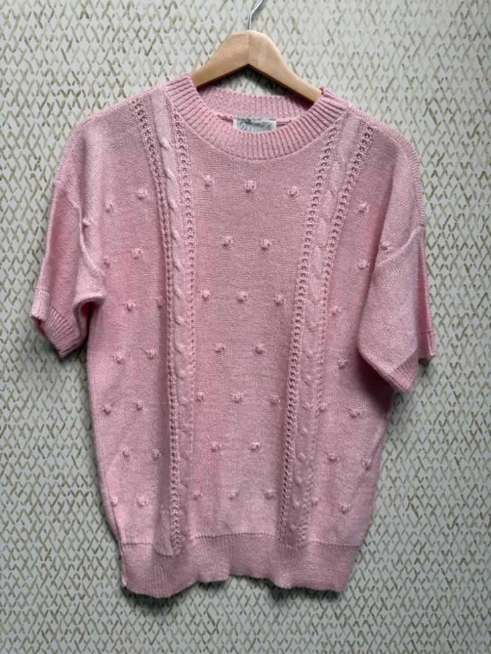 Vintage 60s 70s Billie Jo Pink Popcorn Knit Short Sleeve Sweater - M